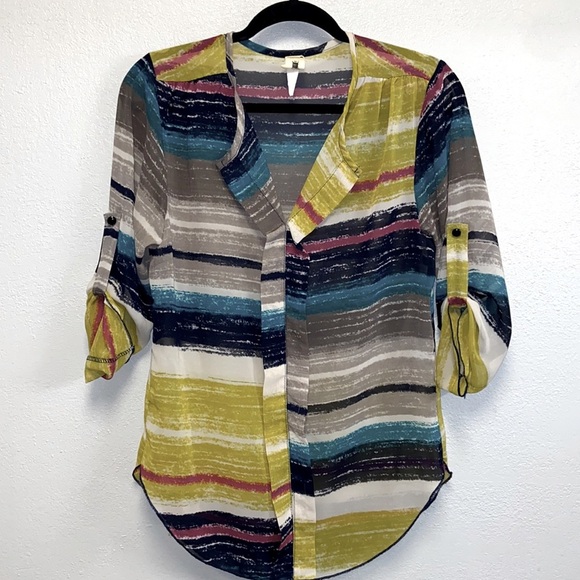 Needle & Thread Tops - Needle & Thread Muted Striped Rolled Tab Sleeves V-Neck Blouse: 4880